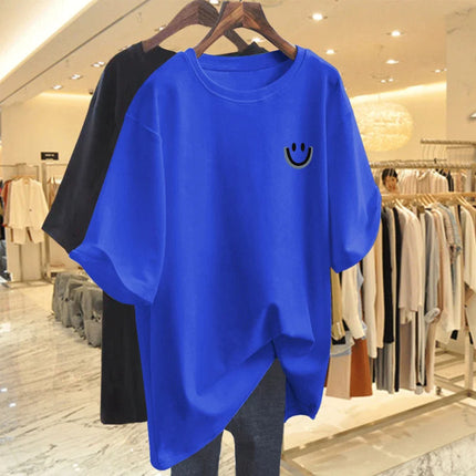 Women Clothing Pure Cotton Smiling Printing Basic T-shirt Summer Fashion Casual O-neck Short Sleeve Top Tee Oversized Pullovers