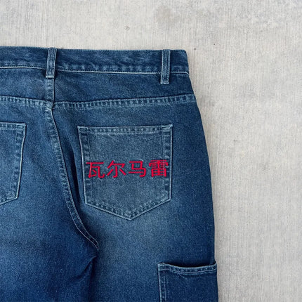 Dragon Graffiti Embroidery Dark Blue Loose Wide Leg Distressed Jeans Y2K High Waist Men Women Vintage Casual Daily Streetwear