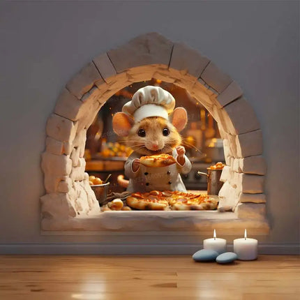 Chef Mouse Wall Decal - Adorable Mouse Hole Sticker with Cute Chef Mouse Making Pizza in Kitchen-Quirky Kitchen Decor M1082