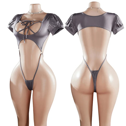 Erotic Open Bra Lingerie Crotchless Underwear Sexy Costume Deep V Open Hollow Bodysuit Hanging Neck Baby Doll Dress Cosplay Set