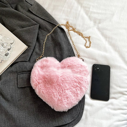 Simple Styles Plush Heart-shaped Handbags Women Handbag Diagonal Crossbody Bag Peach Heart Versatile Fashion Wallet