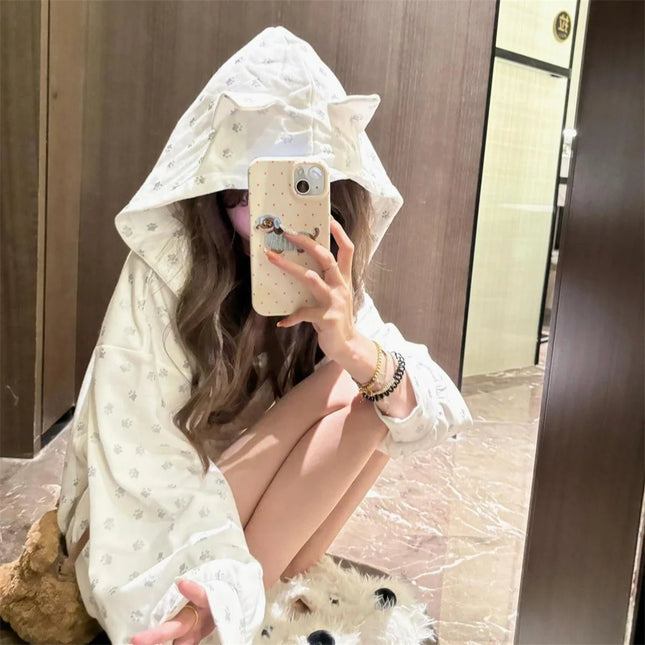 Dog Paw Print Zipper Hooded Coat Spring And Autumn Dressing Up Collection Casual Streetwear Zip Up Sweatshirts Long Sleeve