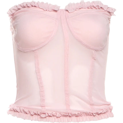 Nibber Folds Sexy Fishbone Strapless Tops Patchwork See Through Skinny Summer Backless Daily Street Versatile Sweet Clothes