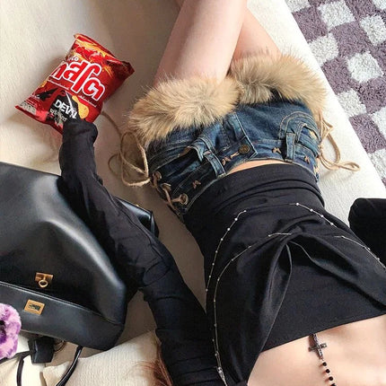 Winter New Women's Retro Design Fluffy Splicing Jeans Shorts Y2k Low-rise Strap Slim Hot Pants