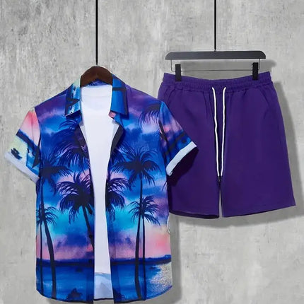 2025 Simple All-in-one Men's Shirt Set Coconut Tree Print 3D Printed Shirt And Shorts Set Summer Casual Vacation Hawaiian Shirt