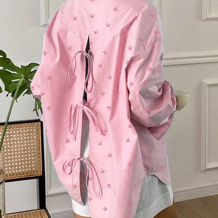 Plus Size Women's Casual and Elegant Workwear Style, Suitable for Afternoon Tea Parties, Vacations, and Beach Outings, Featuring a Bow Print Top, Simple Style, for Everyday Wear, Backless Shirt