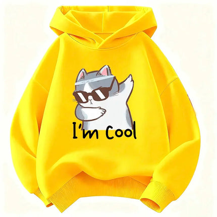 I Am Cool Cat Printed Pullover Hooded Kids Children's Sweatshirt Cute Hoody for Boys Girls Autumn Spring Casual Hoodies
