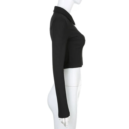 Women's T-shirt Autumn New Black Long Sleeves Crop Top Casual Fashion Zippers T-shirt Lady Turn-down Collar Sexy Tops Clothing