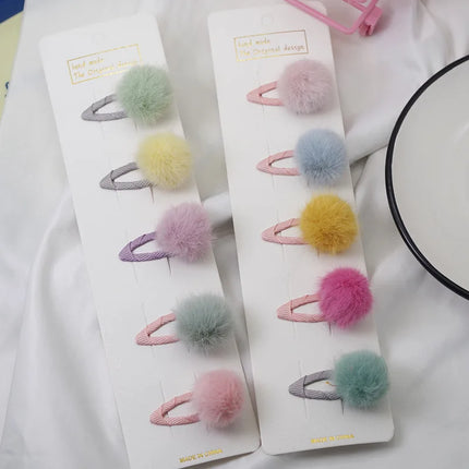 5Pcs/Set Pompom Baby Hair Clips Colorful Plush Ball Kids Hairpins Princess Girl Barrettes Children Headwear Photo Props BB Clip