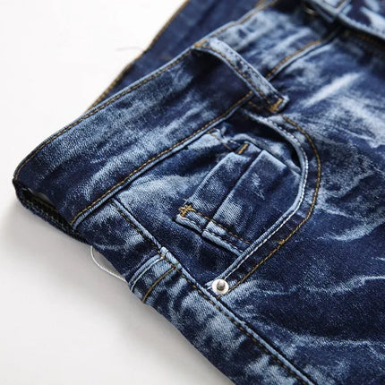 Men's Blue Stretch Jeans, Washed and Bleached Straight-leg Denim Pants, Asian Sizes 28–42. New 2026