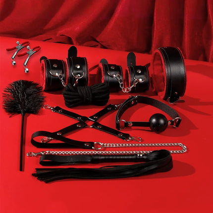 New BDSM Kits Bed Bondage Set Red&Black Exotic Sex Toys for Adults Games Leather Handcuffs Whip Gag Collar Women Sex Goods
