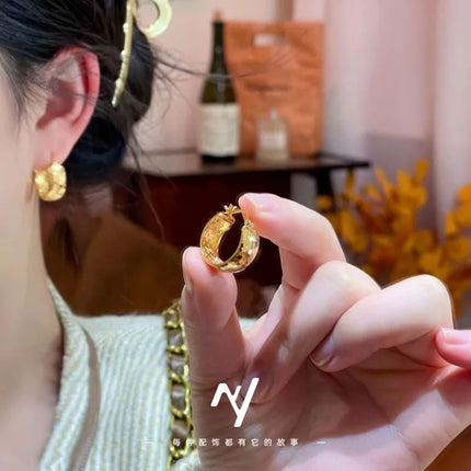 Crushed ice 9999 24K real gold earrings, earrings for women, fashionable versatile ear jewelry  gift