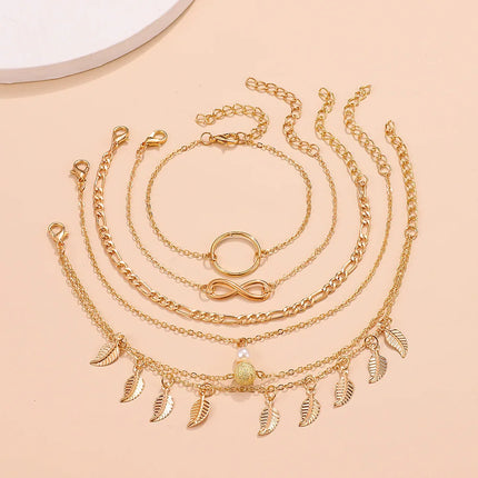Bohemian Summer Beach Anklet Set For Women Gold Color Chain On Leg Leaf Heart Pineapple Rose Charm Ankle Bracelet Female Jewelry