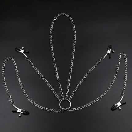 XXOO Nipple Clitoris Labium Clamps, 4 Metal Clips Chained Shaking Stimulate Massage Female Breast Sex Toys For Women