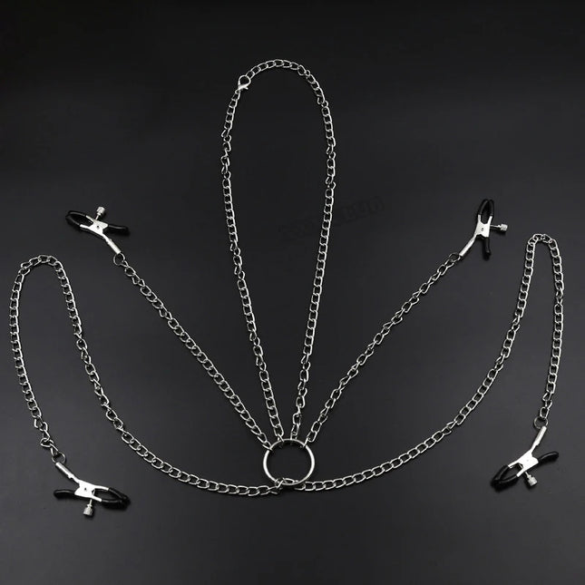 XXOO Nipple Clitoris Labium Clamps, 4 Metal Clips Chained Shaking Stimulate Massage Female Breast Sex Toys For Women