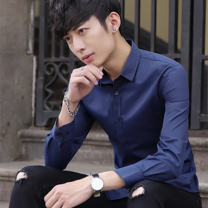 Slim Fit Long Sleeve Silk Men's Shirt Hong Kong Style Workwear Iron-Free Professional Shirt Youth Fashion Spring