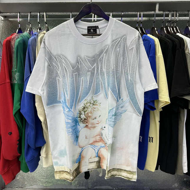 MIXED EMOTION Rhinestone Short Sleeve Men Women Tshirt Streetwear Cotton Loose Round Neck Top Tees Oversized Tee Top Trendy