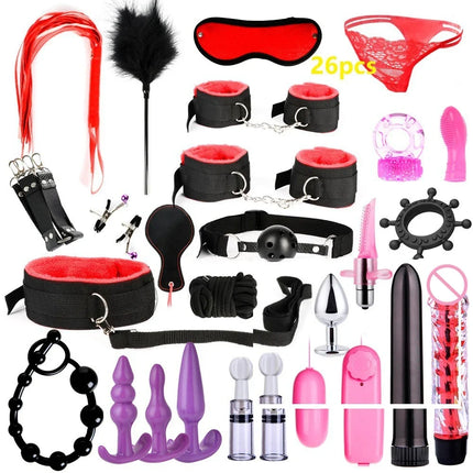 BDSM SexLove Set Kits Adults Sex Toys for Women Men Handcuffs Nipple Clamps Whip Spanking Sex Metal Anal Plug Vibrator Butt