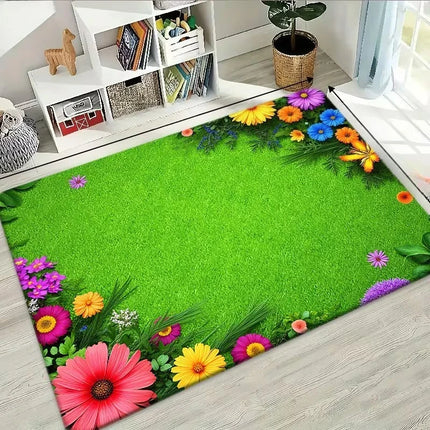 Spring rug Fresh Grass Green Background Large Rug, Small Flowers Scattered Bloom Printed Carpet, Easy-To-Clean Room Mat,door Mat