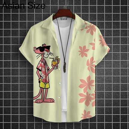 Cartoon Leopard Graphic Men Short Sleeve Lapel Shirt Tops Unisex Pink Button-Down Hawaiian Shirts Summer Daily Female Blouses