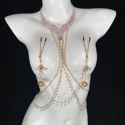 Purple Crystal Necklace with Nipple Clamps and Body Chain Metal Material Bells SM Nipple Stimulation Adult Toy Couples' Teasing