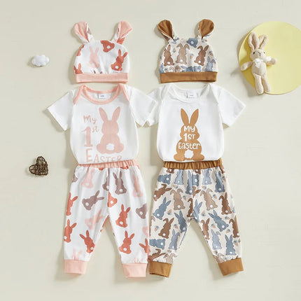 0-18months Baby Girl Boy Easter Outfit Bunny Print Short Sleeve Romper Long Pants Hat with Rabbit Ears 3 Pcs Set