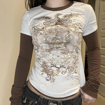 Street Hottie Fake Two T-shirts American Retro Print T-shirt EMO Harajuku Stitching Tees American Fashion Punk Top Ropa Mujer