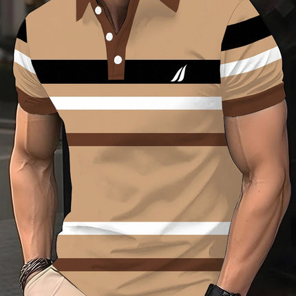 Men's casual striped checkered golf shirt, short-sleeved polo shirt for spring, summer, autumn and winter