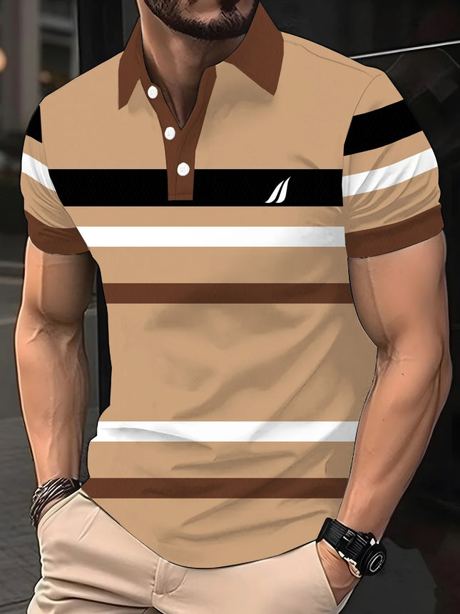 Men's casual striped checkered golf shirt, short-sleeved polo shirt for spring, summer, autumn and winter