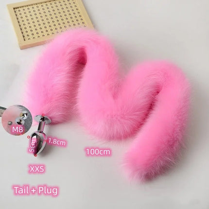 Anal Sex Toys of Long Pink Faux Fur Fox Tail with Stainless Steel Metal Butt Plug for Fetish Fantasy Flirting Adult Supplies