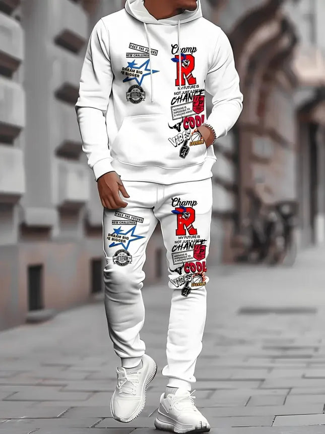 The new men's hoodie set for Spring and Autumn 2025 features a casual fashionable and comfortable 3D letter pattern print