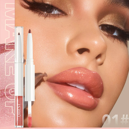 Double Head Mirror Lip Glaze 2 in 1 Lipliner Pen Water Light Lip Gloss Makeup Set Matte Velvet Lip Liner Pencil Contour Cosmetic