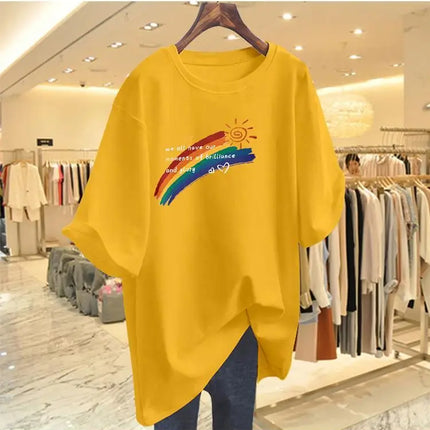 Women Clothing Fashion Hand-Painted Rainbow Print Tshirt Summer O-neck Short Sleeve 100 Cotton Basic Tee Loose Chic Top 45-105Kg