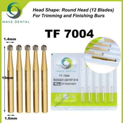 WAVE Dental Burs Tungsten Carbide Burs Gold Plated Trimming and Finishing 12 Bladed TF Series For High Speed Handpiece 5pcs/Pack