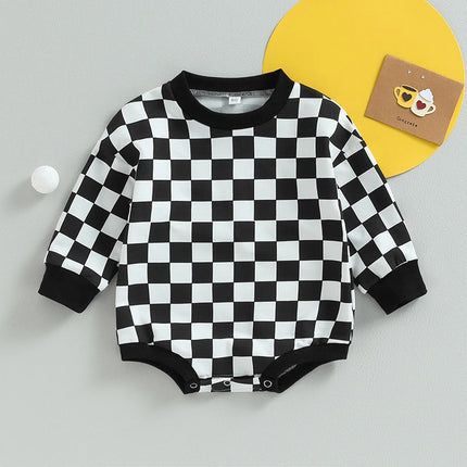 Baby Boy Girl Checkered Sweatshirt Bodysuits Oversized Long Sleeve Bubble Romper Jumpsuits Tops Neutral Baby Fall Clothes