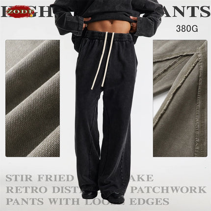 ZODF Retro 2025 Autumn Men 380gsm Washed Cotton Pants Unisex Distressed Loose Terry Sport Trousers Sweatpants HY1079
