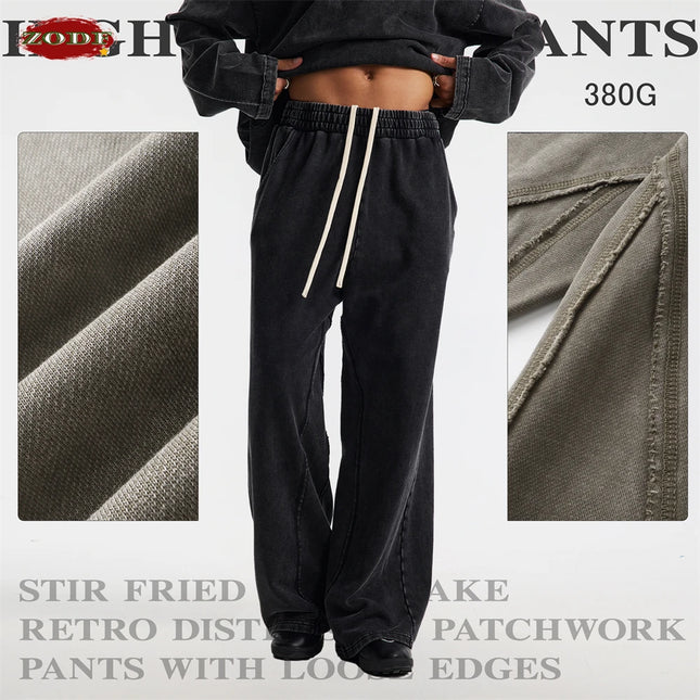 ZODF Retro 2025 Autumn Men 380gsm Washed Cotton Pants Unisex Distressed Loose Terry Sport Trousers Sweatpants HY1079