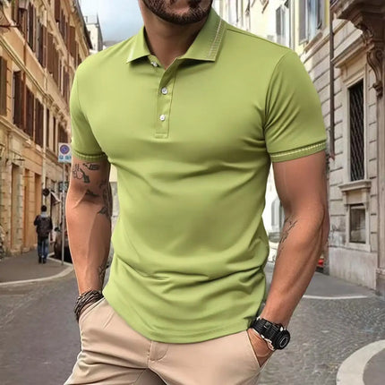 2025Men's casual short sleeved polo shirt, solid color polo shirt, fashionable, business, breathable, comfortable short sleeved
