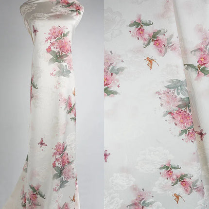 Blush Pink Peony Jacquard Print Fabric Oriental Breathable Lightweight for Qipao Dresses Blouses Spring Summer Apparel Material