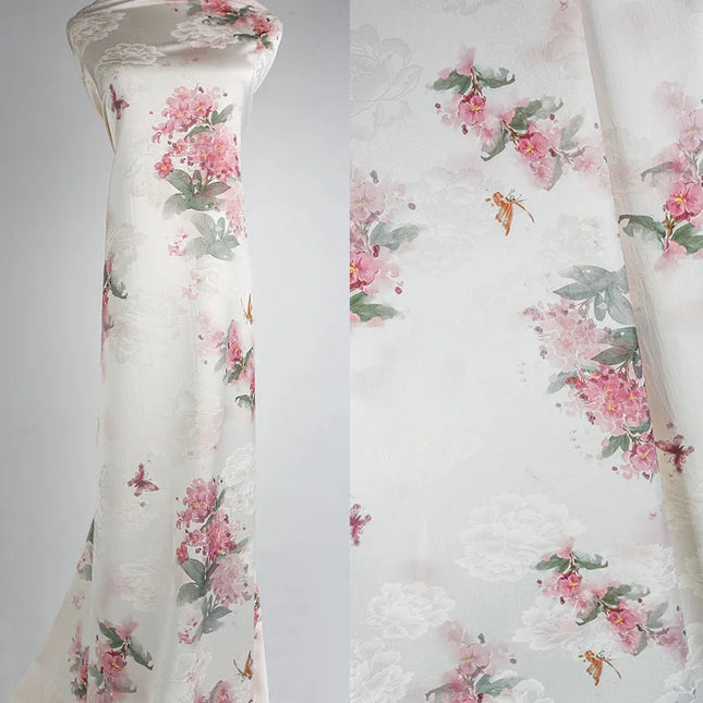 Blush Pink Peony Jacquard Print Fabric Oriental Breathable Lightweight for Qipao Dresses Blouses Spring Summer Apparel Material