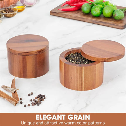 Acacia Wood Salt and Pepper Bowl Box with Lid and Spoon Acacia Salt Cellar with 360° Swivel Lid Spice Seasoning Container JT509