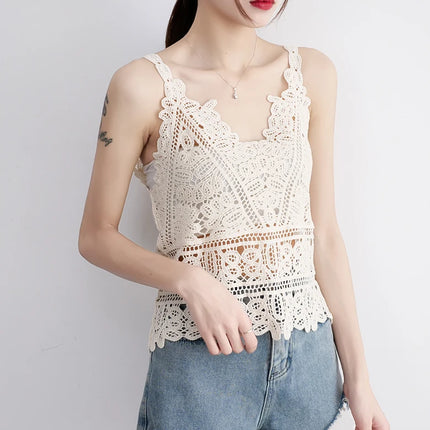 Simple Lace Hollow out Tank Top Women's Korean Sle Summer Outerwear Hoodie ort Sve Commute Sle  Color