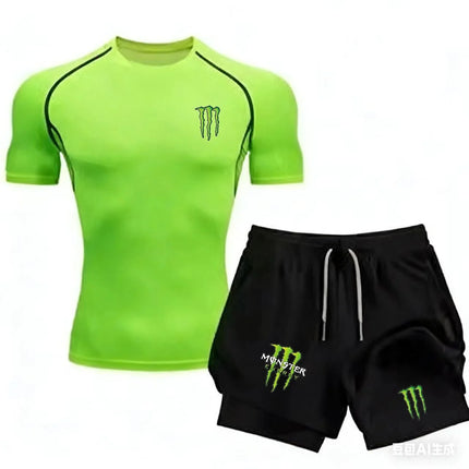 Men's Monster Energy Fitness Sportswear Set with Shorts and Tight T-Shirt, Ideal for Running