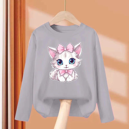 2024 Cute Bow Cat Dress Baby Girl Long Sleeved T-shirt Cartoon Kitty Cotton Tops Girls Spring Leisure Tees 3-14 Age