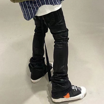 Owen Seak Men‘s Oil wax Jeans Classic Denim Gothic Coated Casual Flared Trousers High Street Solid Designer luxury Pants