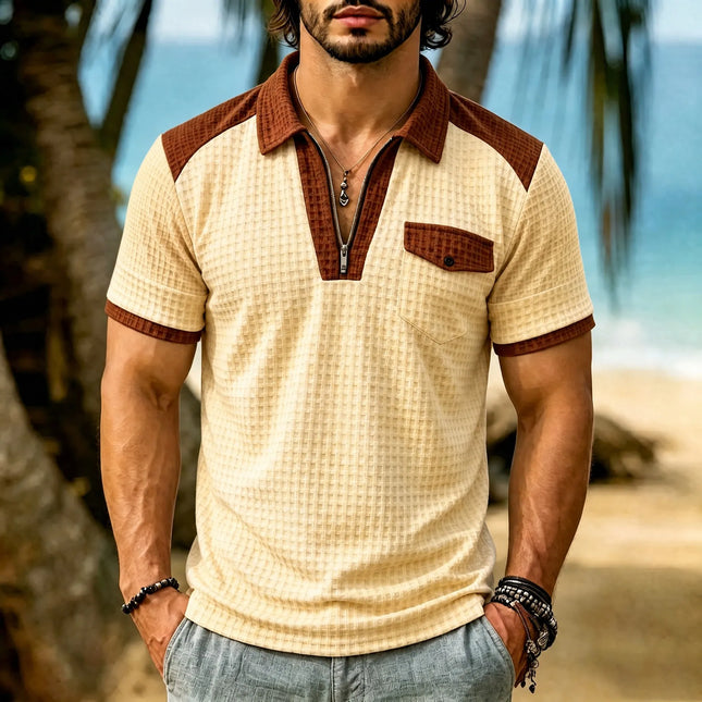 2026 New Men's Short Sleeve T Shirt Grid lapel Polo Shirt with Pockets Breathable Loose Basic Shirts for Men Lightweight Tops
