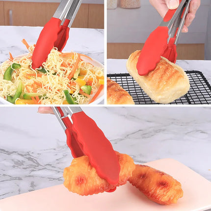 9-inch silicone food tongs Kitchen Grill stainless steel food grade silicone tip non-slip food tongs for BBQ salad breads