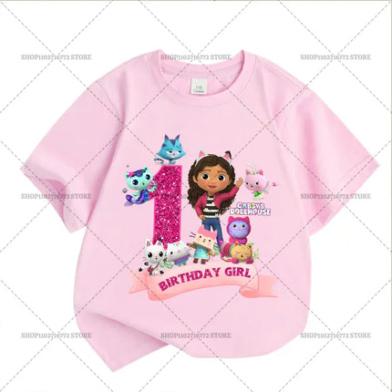 New Gabby Dollhouses Pink Short Sleeve White T-shirts Girls Tops Cotton Summer Casual Birthday Number T-shirt Party Supplies Tee