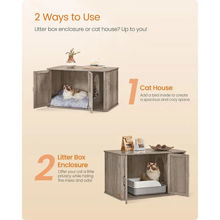 Hidden Cat Litter Box Enclosure with Front Entry, Double Doors, Handles, and Side Table, 33.5 x 19 x 19.5 Inches, Heather Grey