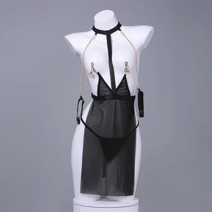 Sexy Teasing Strapless See-through Backless Chemise Nightgown Set No-Need-to-Remove Hanging Neck Style Pleasure Underwear